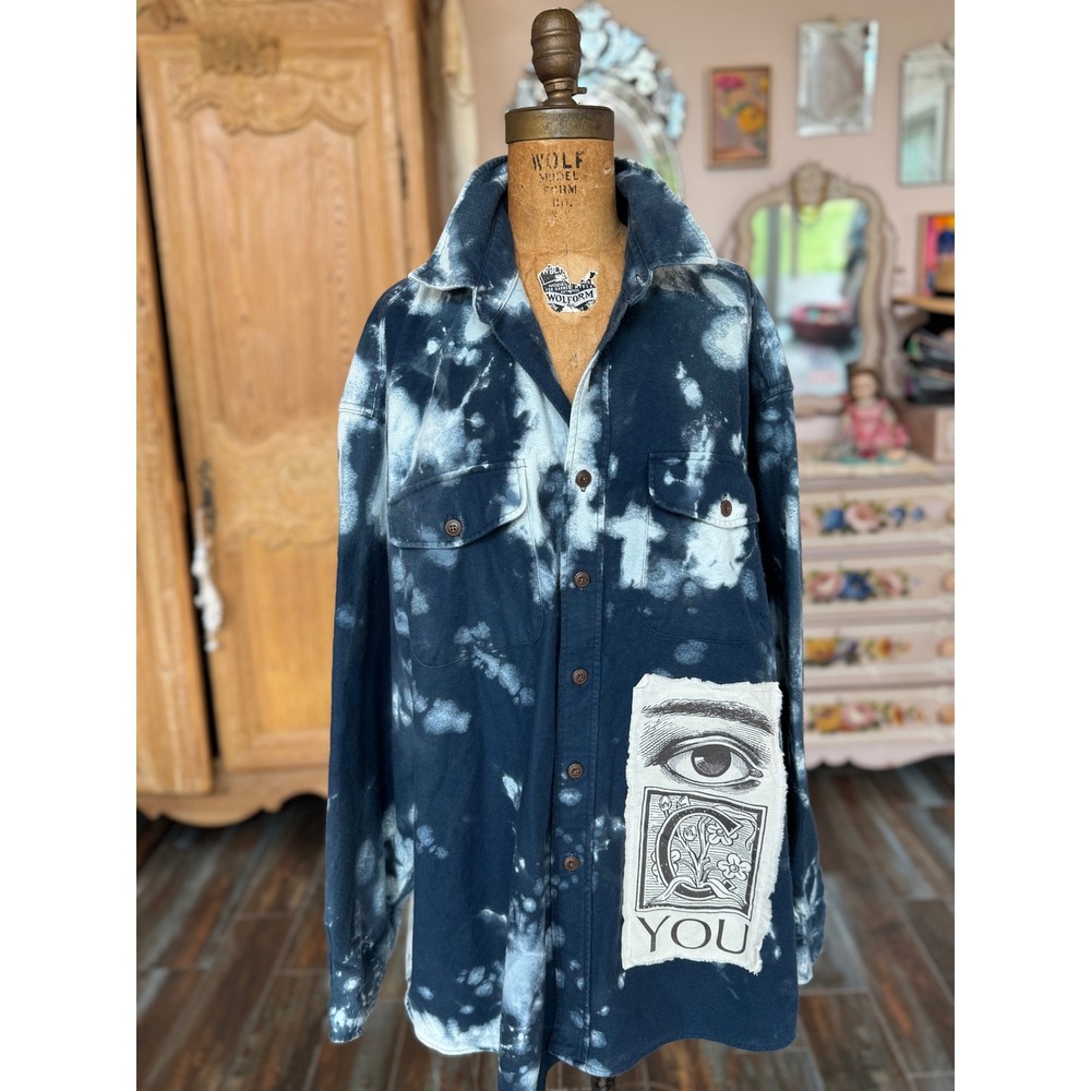 Bleached Indigo Shammy‎ Shacket XL Tall All Seeing Eye Patch Art Wear Jacket - Picture 8 of 10
